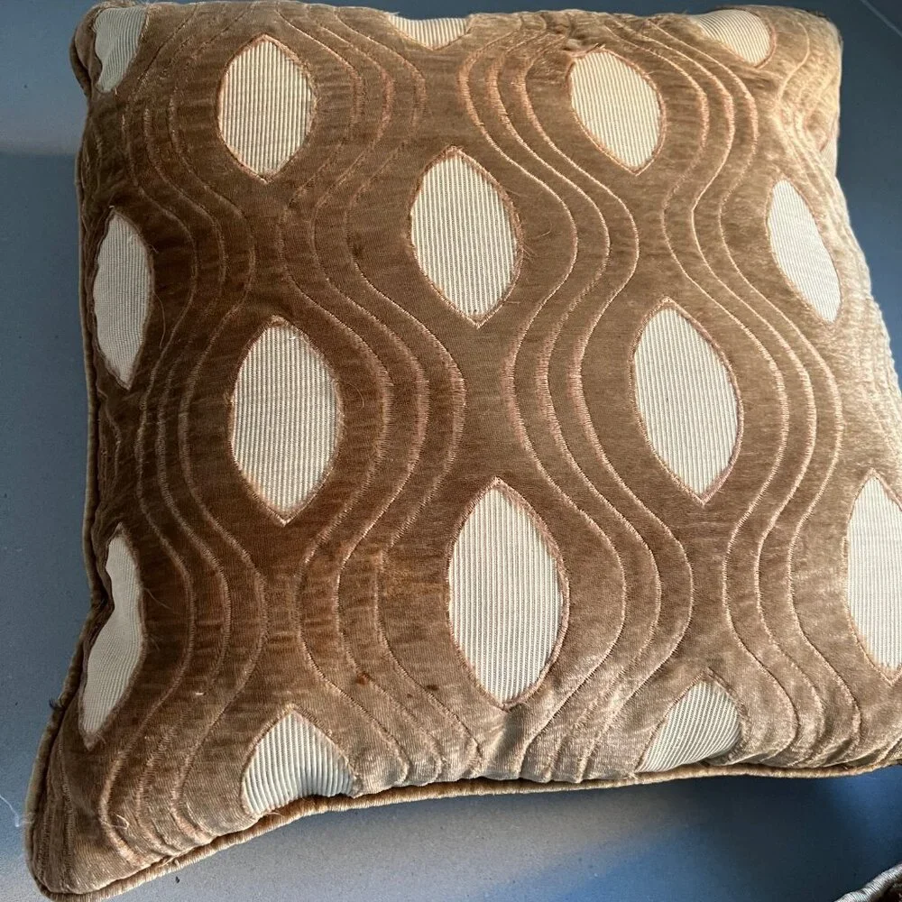 Mid-Century Vintage Velvet Gold Cat Eye Pattern Down Feather Pillows, Set of 2